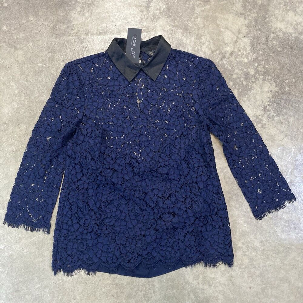 Rachel Zoe Blouse Womens 4 Navy Blue Lace Collared Lined Collared Preppy